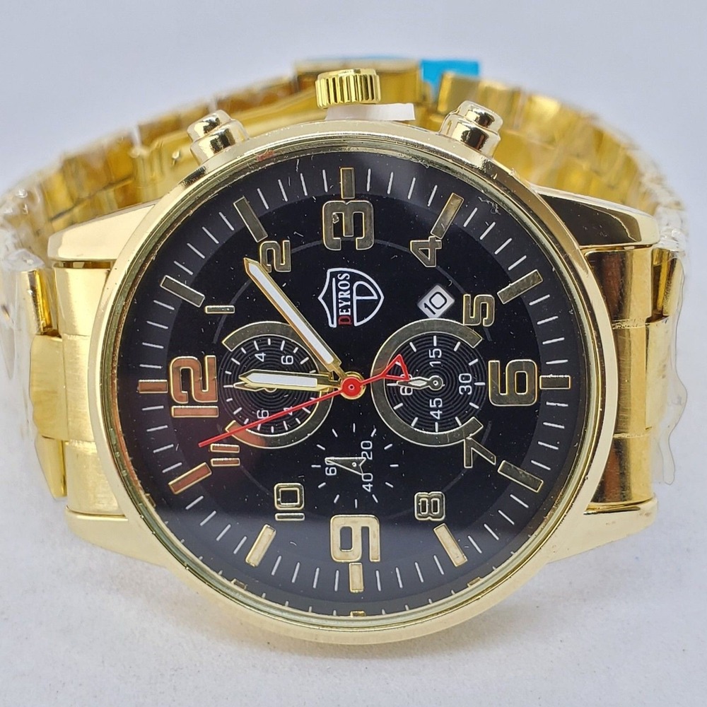 Men's Analog Watch 42MM Black Dial Date Gold Bracelet Band 7" New Battery